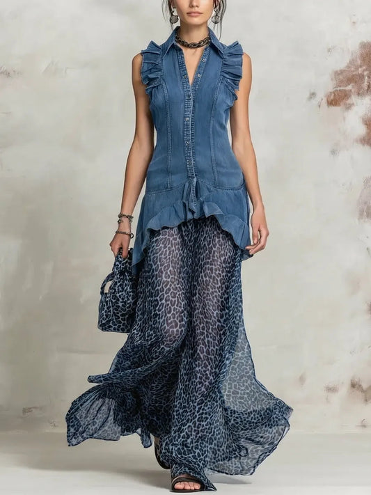 Retro Lapel Denim Chiffon Patchwork Art Casual Long Dress