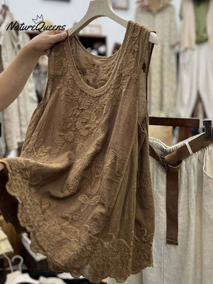 Vintage Lace Sleeveless Cotton and Linen Vest Top