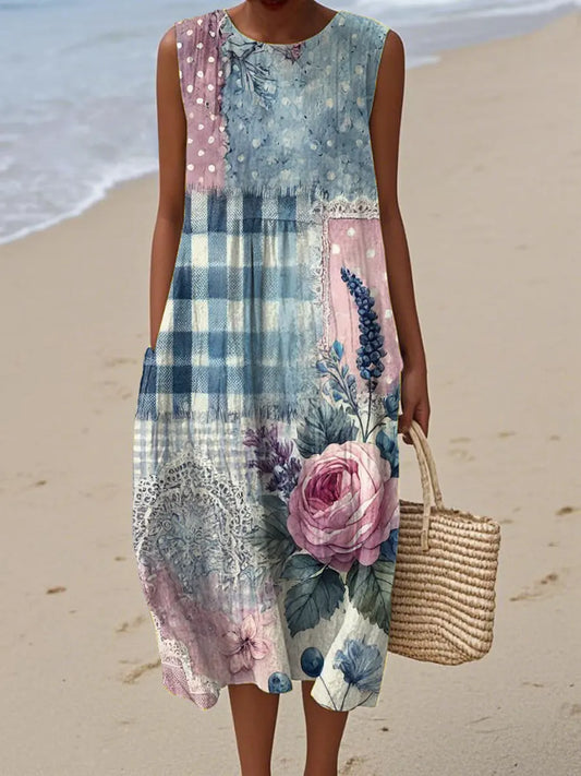Vintage Floral Pattern Art Print Casual Cotton Dress