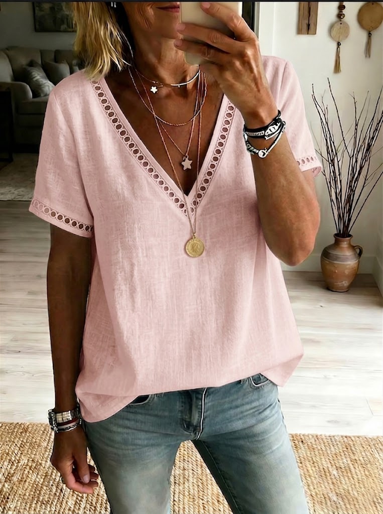 Casual Linen Top with Spliced Cutout Webbing Detail