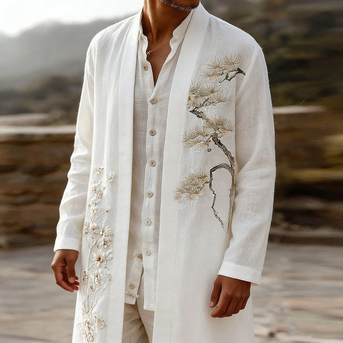Men's Japanese-Style Cherry Blossom Art Long Kimono