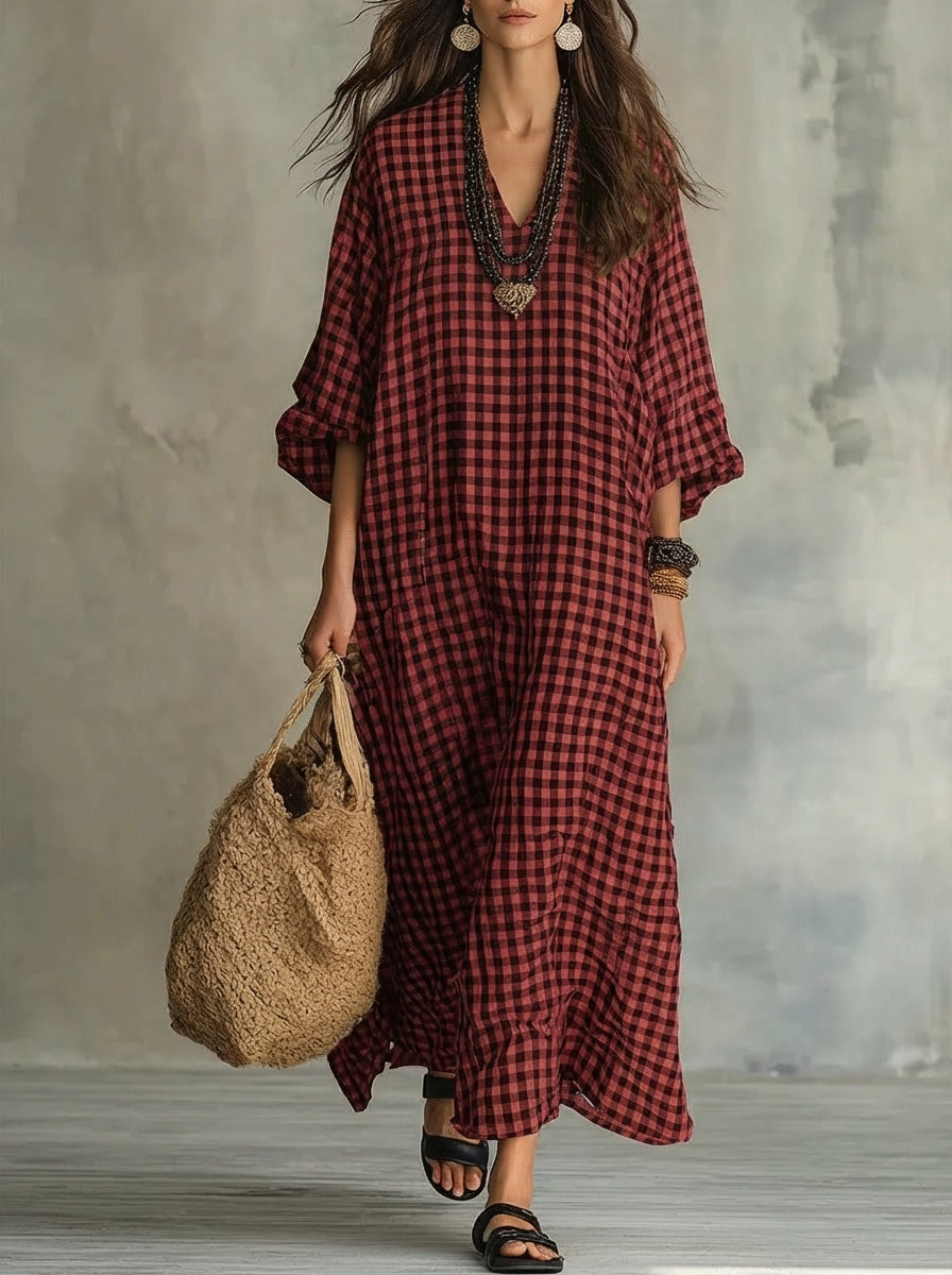 Retro Plaid Art Casual Stylish Cotton Linen Maxi Dress