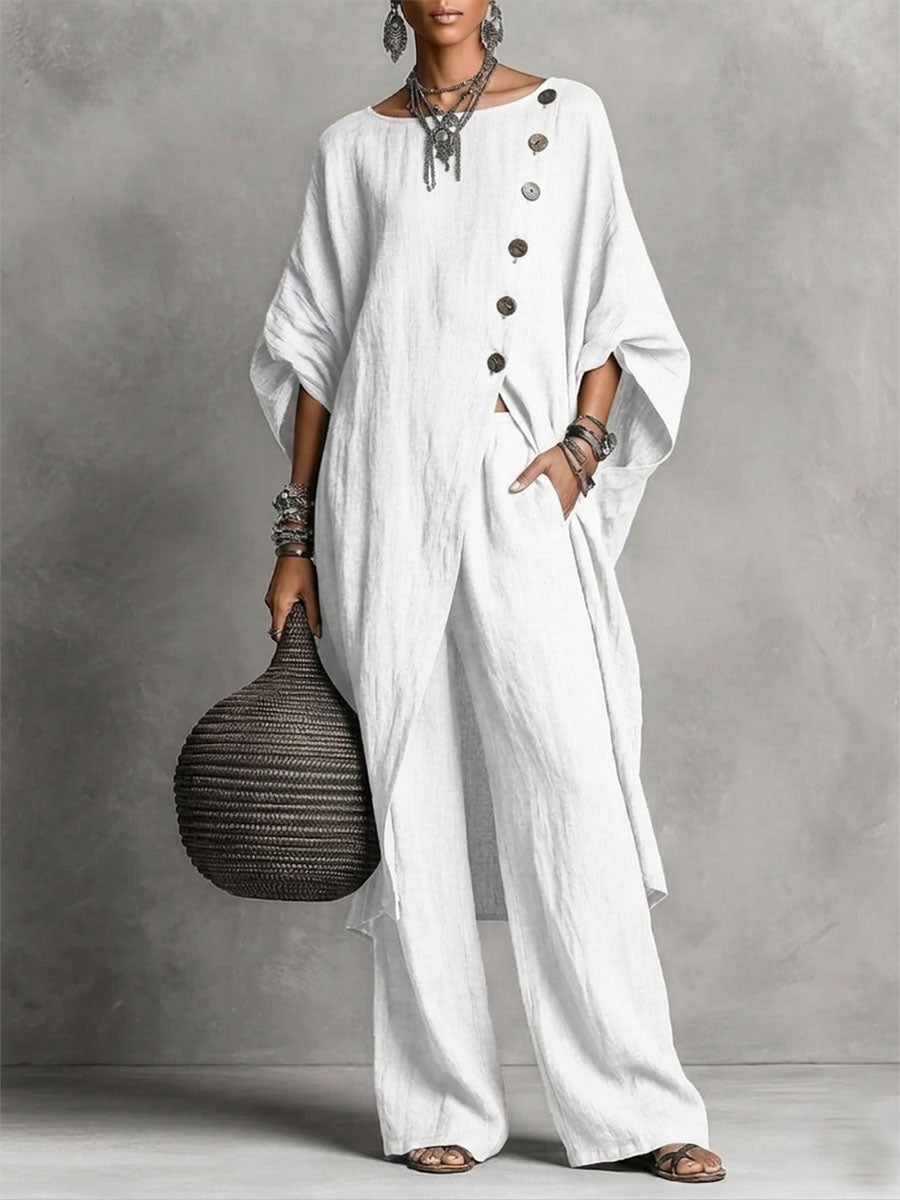 Casual Two-Piece Set: Side-Slit Button-Up Top and Loose-Fit Pants