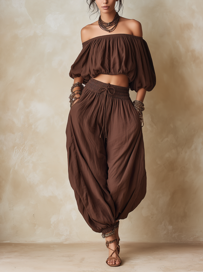 Bohemian Off-Shoulder Crop Top and Harem Pants Two-Piece Set