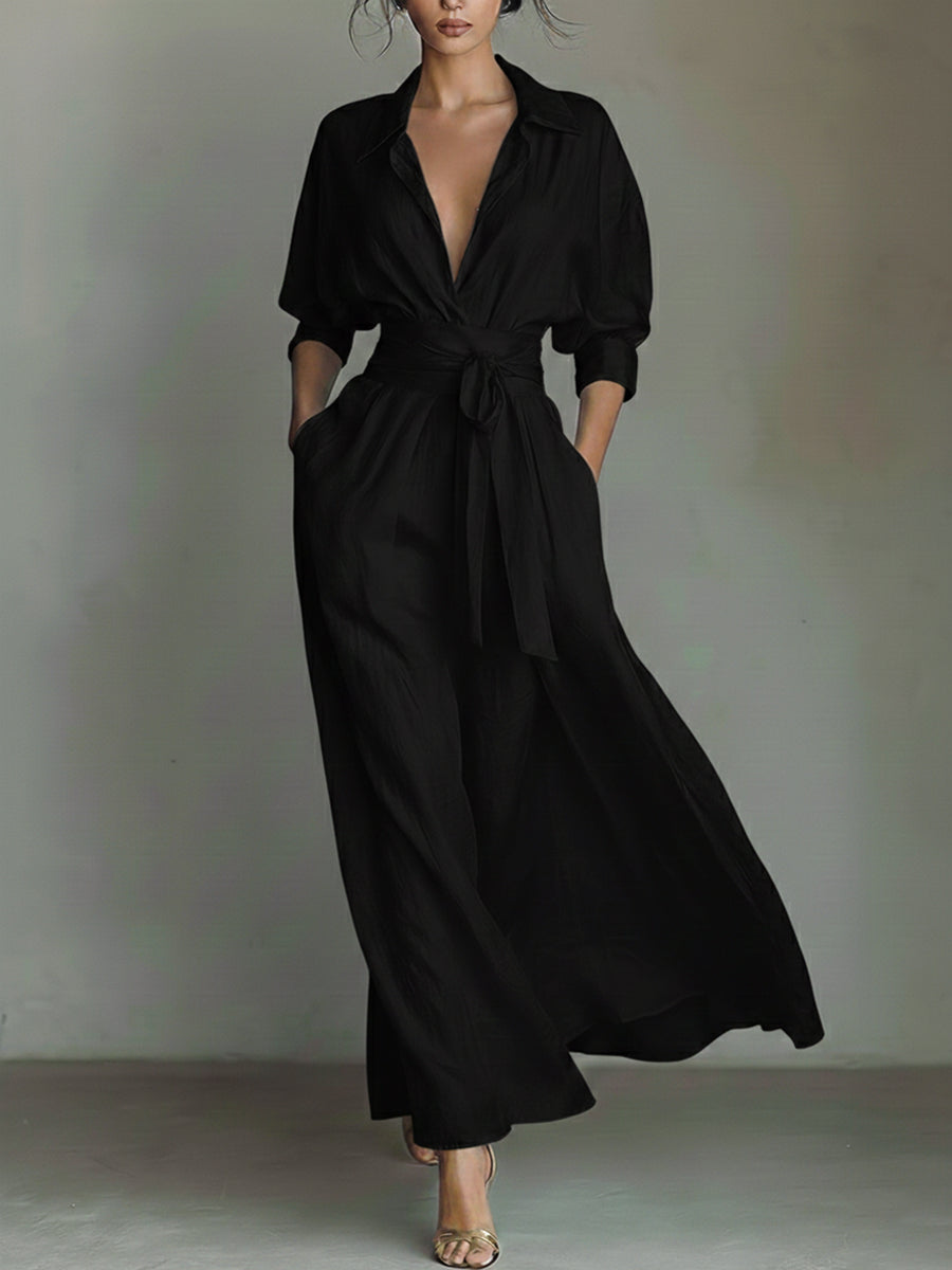Waist-Cinching Shirt-Style Maxi Linen and Cotton Dress