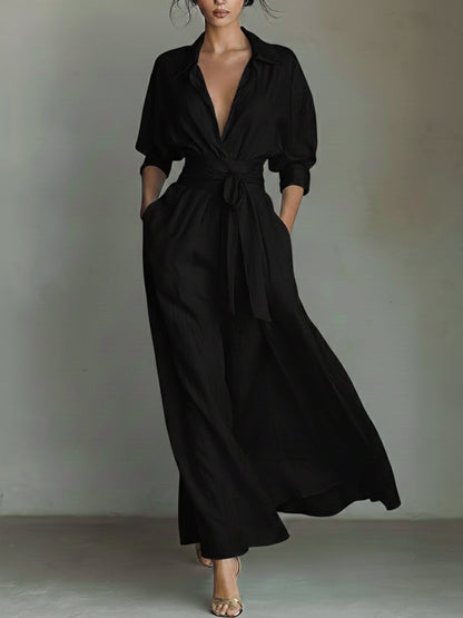 Waist-Cinching Shirt-Style Maxi Linen and Cotton Dress