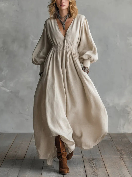 Waist-Elastic Linen and Cotton Lantern-Sleeved Dress