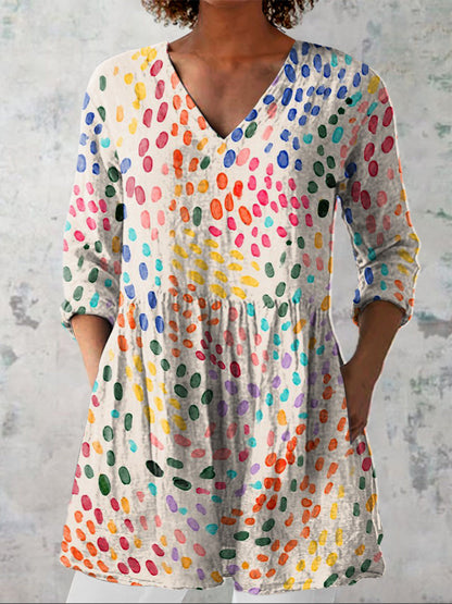 Watercolor Polka Dot Pattern Printed Casual Linen V-Neck Shirt