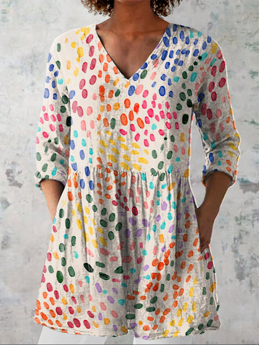 Watercolor Polka Dot Pattern Printed Casual Linen V-Neck Shirt