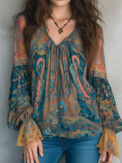 Bohemian Teal and Amber Paisley Chiffon Blouse with Ruffled Cuffs