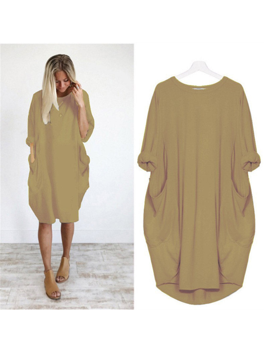 Solid Color Loose Elegant Casual Long-Sleeved Pocket Dress