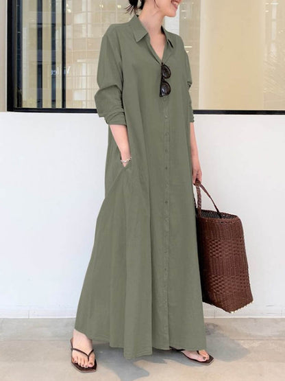 Solid Color Casual Loose Elegant V-Neck Cotton and Linen Pocket Shirt Dress