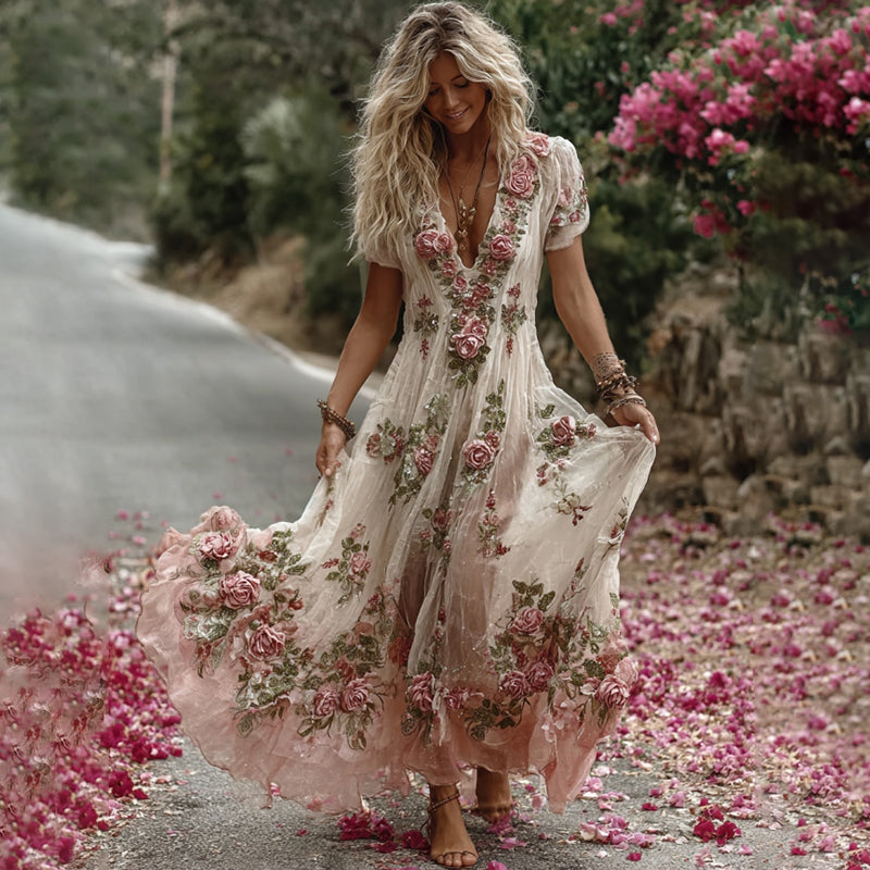 Vintage Floral Embroidery Art Comfy Linen Maxi Dress