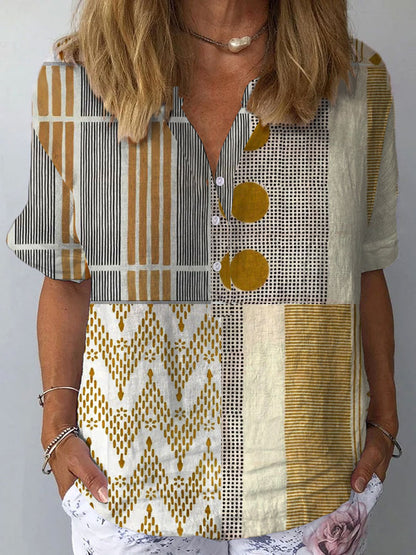 Vintage Abstract Geometry Art Print Casual Cotton and Linen 3/4-Sleeve Shirt