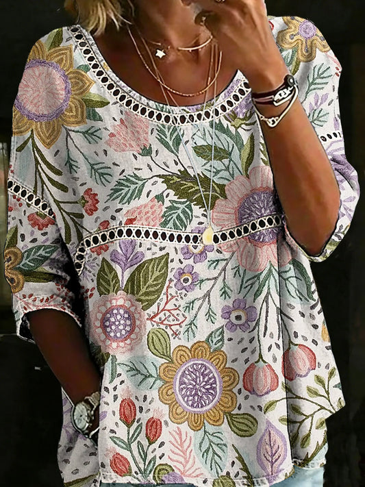 Vintage Multicolor Ethnic Floral Casual Loose Denim Blouse Shirt