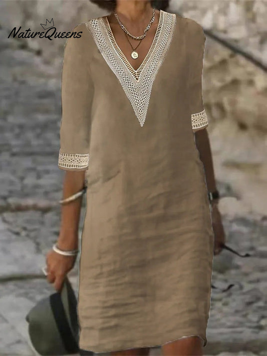 V-Neck Mid-Sleeved Cotton and Linen Casual Dress