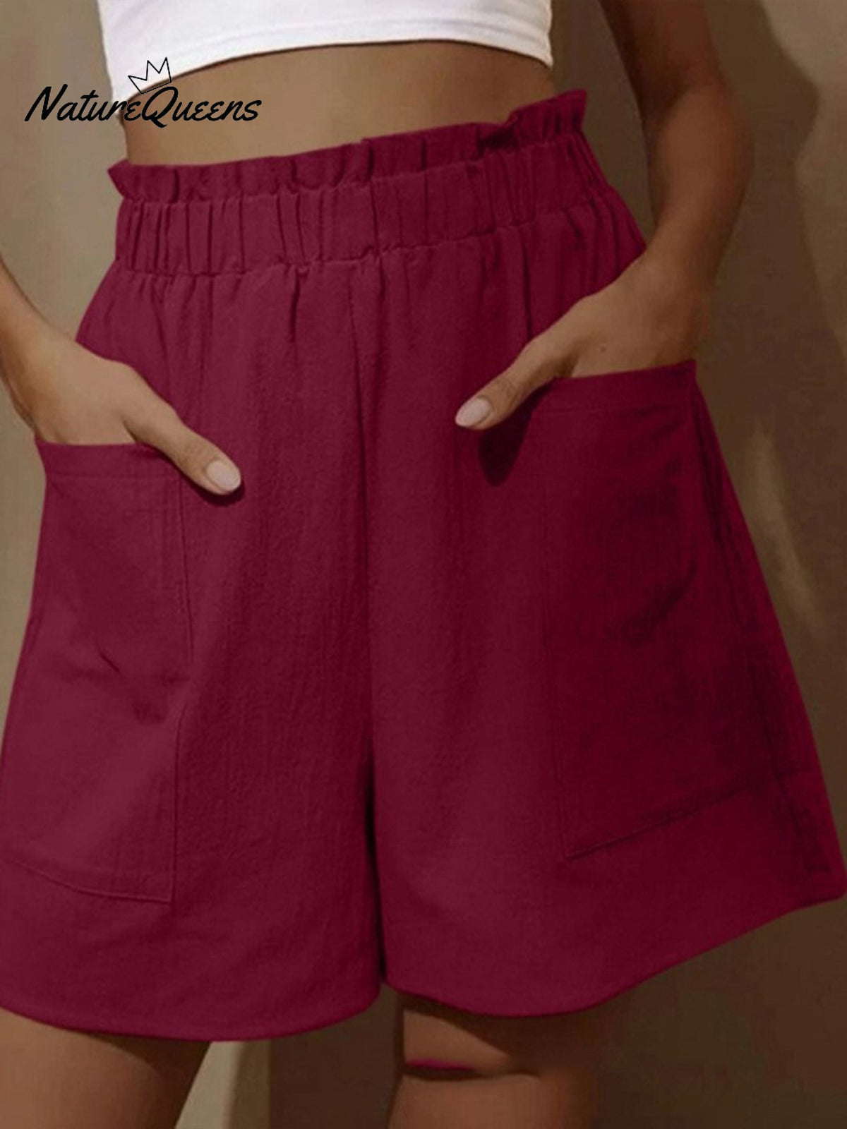 Cotton and Linen Wear High-Waisted Shorts with Buds