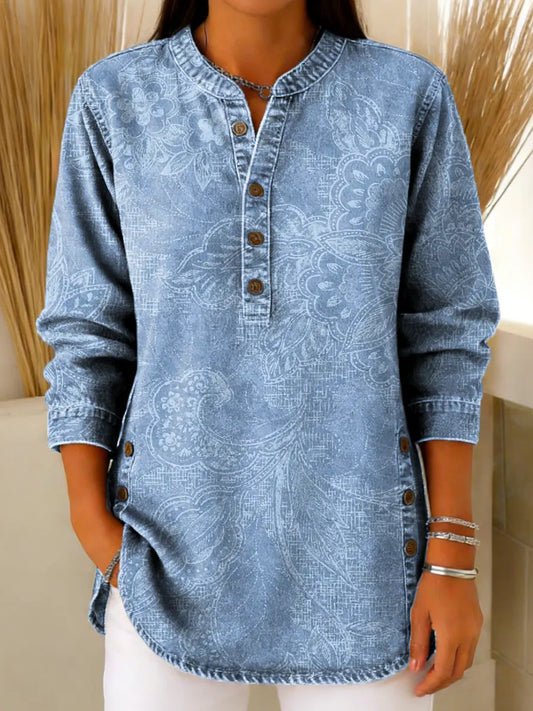 Vintage Floral Pattern Art Print Casual Cotton Denim Shirt
