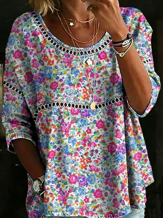 Vintage Flower Casual Loose Denim Blouse Shirt