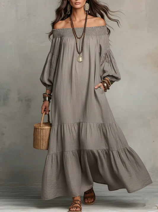 Minimalist Cotton-Linen Off-Shoulder Loose Dress