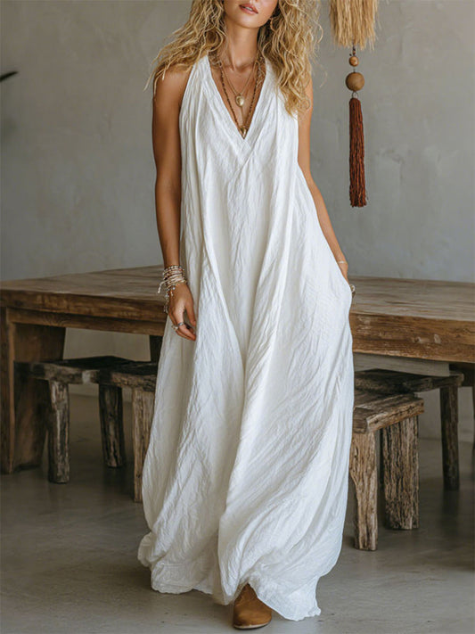 Casual Sleeveless Loose Pocket Vest Long Dress