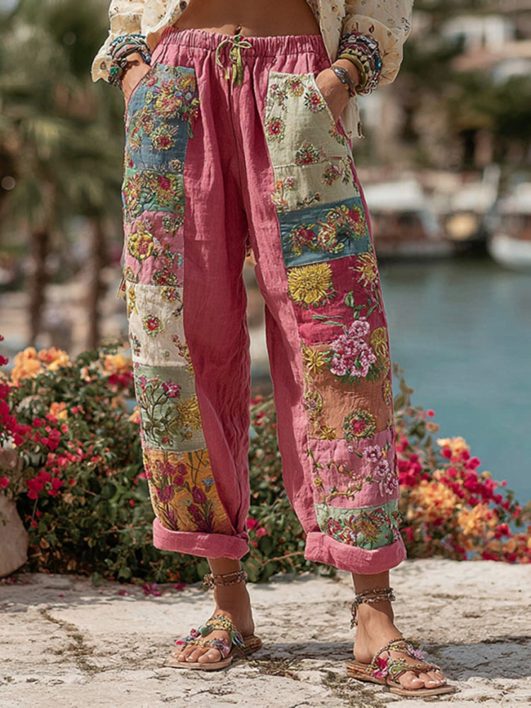 Bohemian Floral Embroidery Art Contrast Color Linen Blend Casual Pants