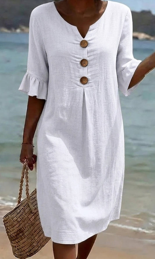 Solid Color Casual Button-Down Cotton Dress