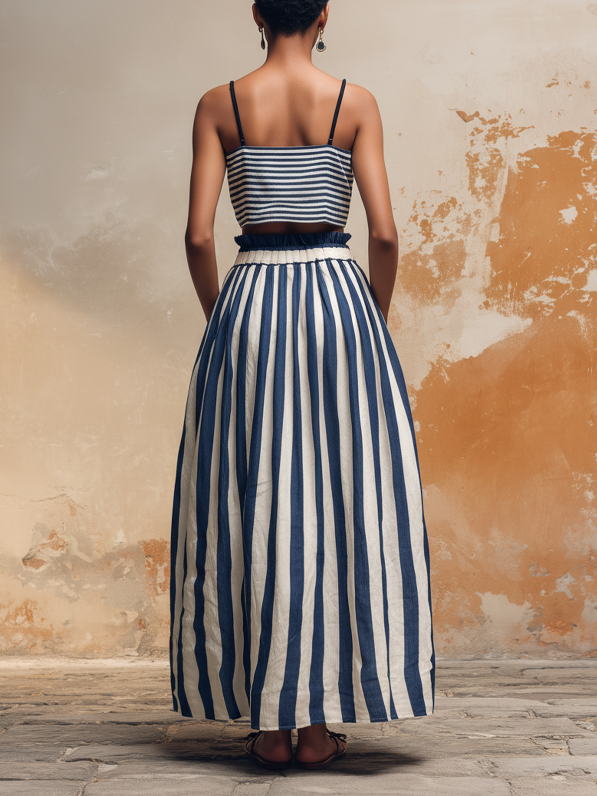 Striped Linen-Blend Two-Piece Set | Crop Top and Maxi Skirt with Pockets