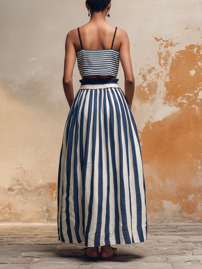 Striped Linen-Blend Two-Piece Set | Crop Top and Maxi Skirt with Pockets