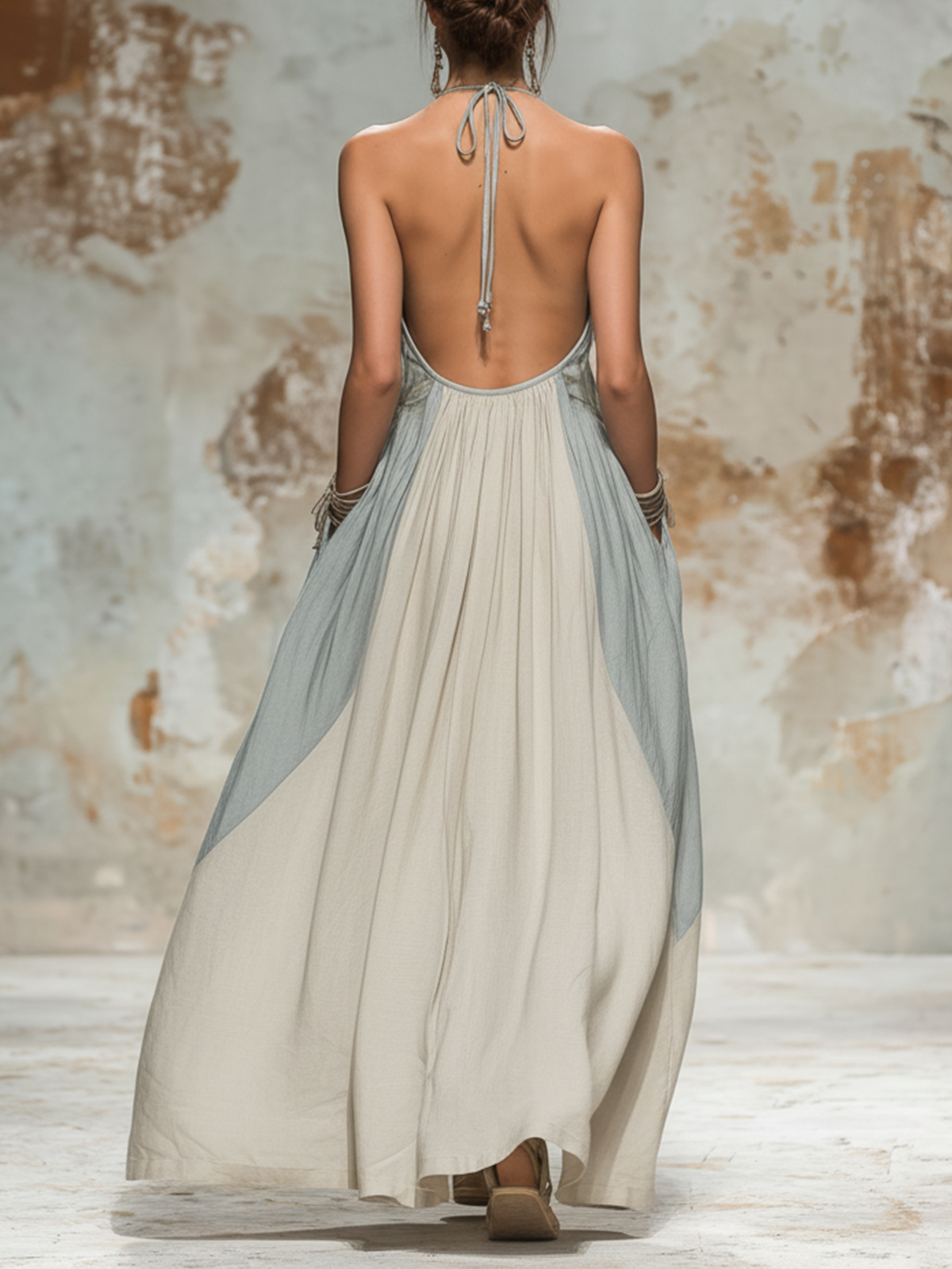 Two-Tone Linen Halter Maxi Dress with Cutout Detail