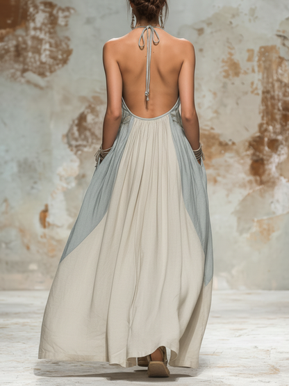 Two-Tone Linen Halter Maxi Dress with Cutout Detail