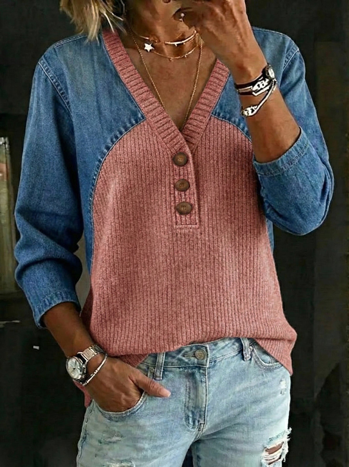 Retro Casual Denim and Cotton Knit Sweater