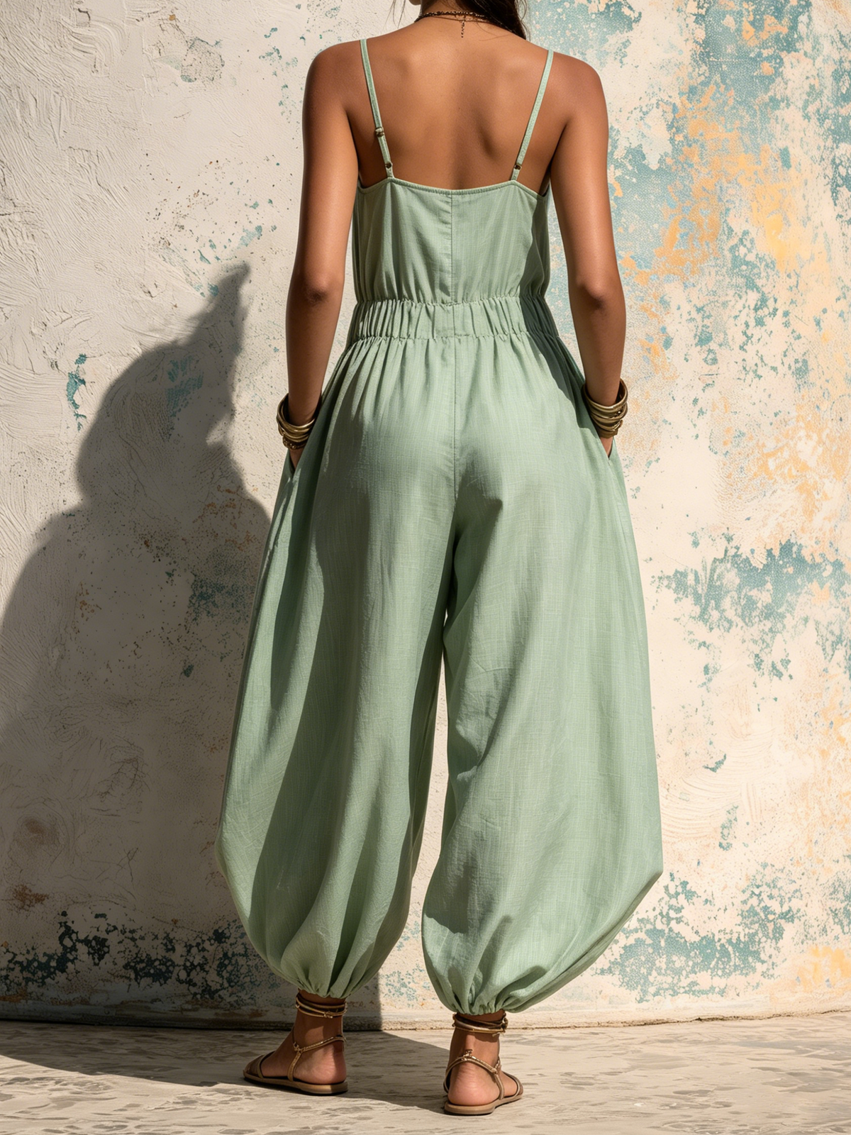 Sage Green Linen Blend Harem Jumpsuit | Casual Wide-Leg Overall with Pockets