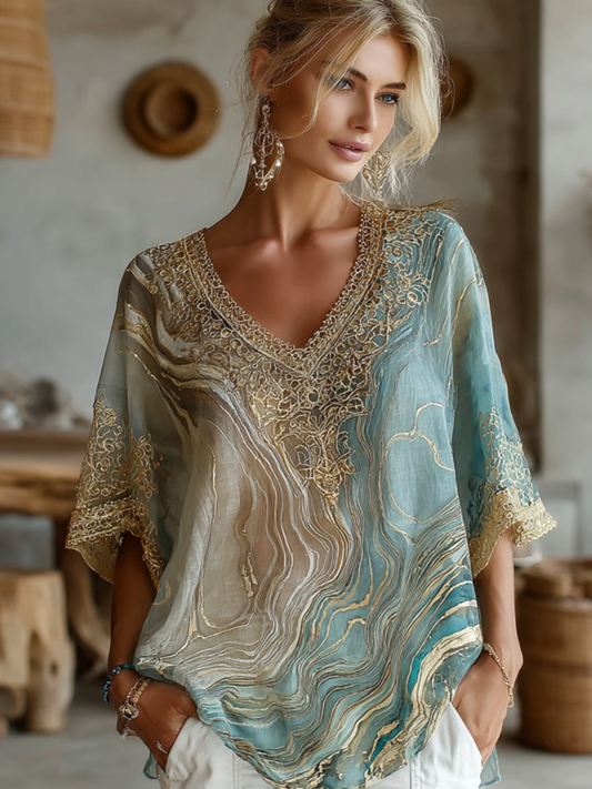 Vintage Marble Texture Collection Bohemia Women Style Gradient Black Gilded Pattern Linen V-Neck T-Shirt