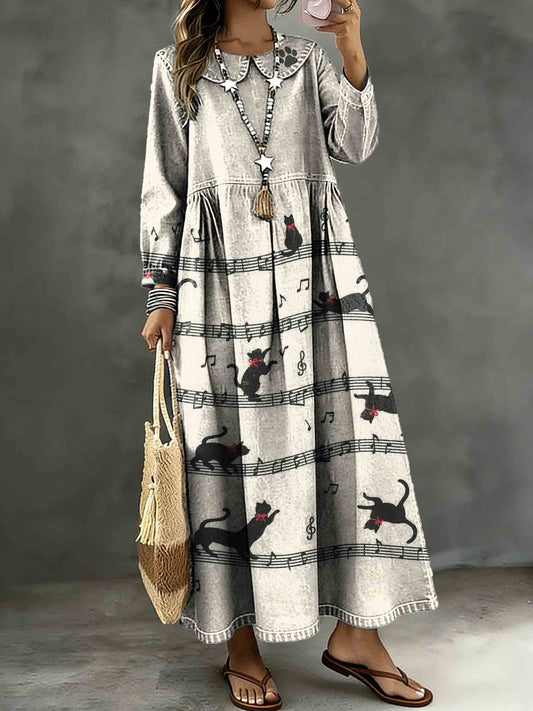 Cute Cat Sheet Music Art Print Lapel Collar Pleated Long-Sleeve Casual Loose Denim Dress