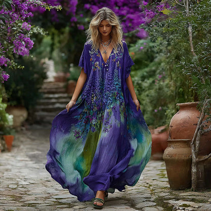 Vintage Lupine Gradient Pattern V-Neck Dress