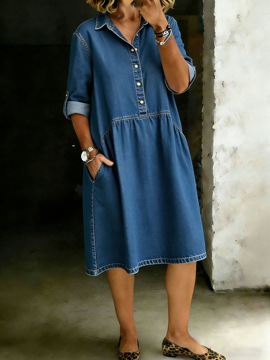 Solid Color Shirt Denim Pocket Dress