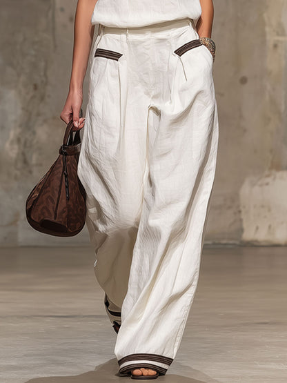 Casual Retro Brown-Trimmed White Cotton Linen Sleeveless Top and Pants Set