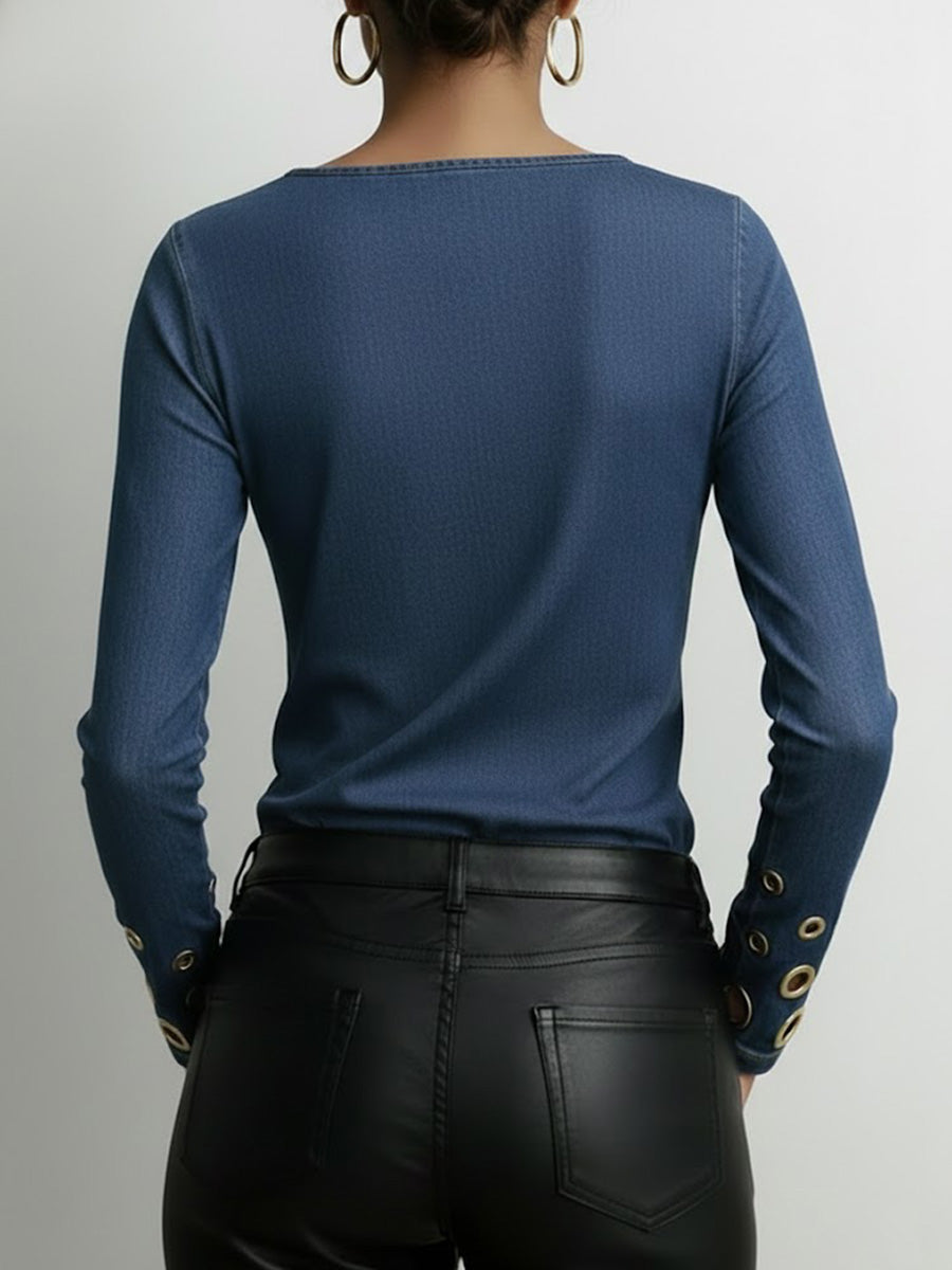 Round Neck Long-Sleeve Faux Denim Stretch Casual Loose Denim Top