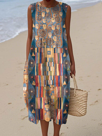 Abstract Geometric Pattern Art Print Sleeveless Cotton Pocket Wrap Dress