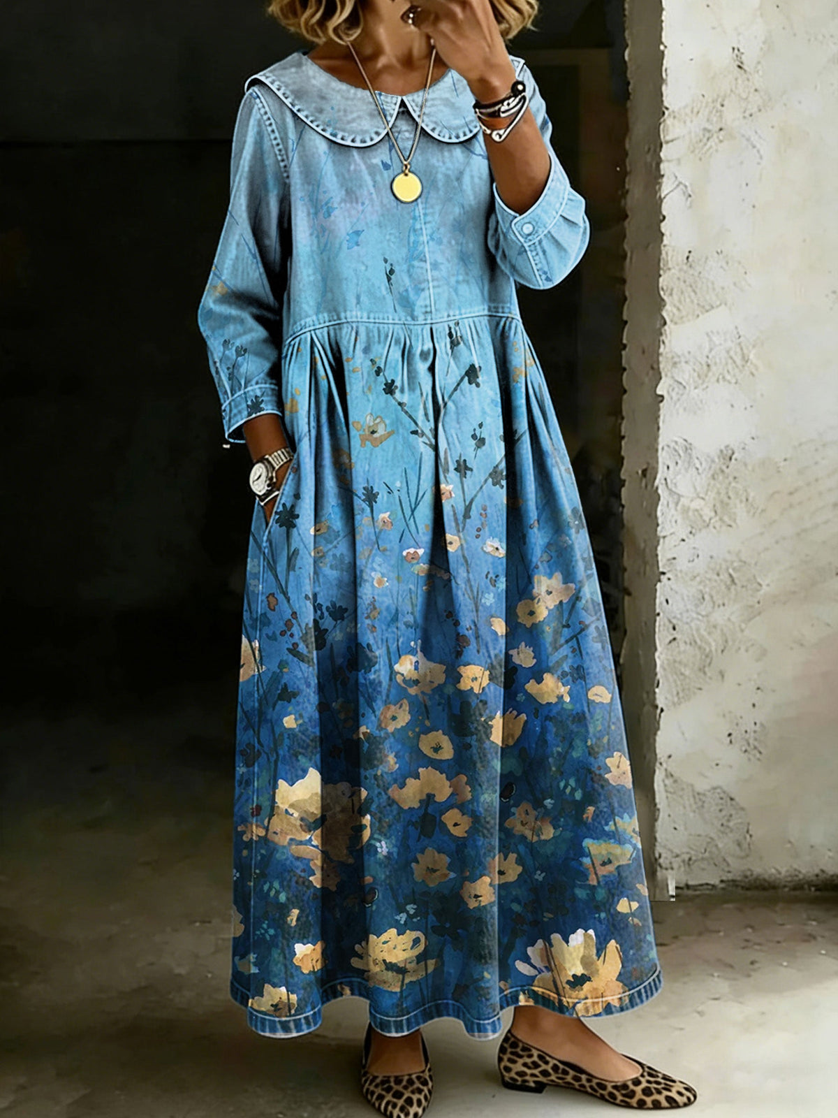 Vintage Flower Peter Pan Collar Long-Sleeved Casual Loose Denim Dress