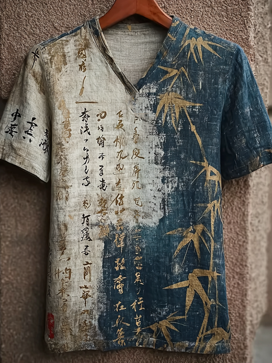 Japanese Art Retro Line Art Linen Casual Short-Sleeve T-Shirt