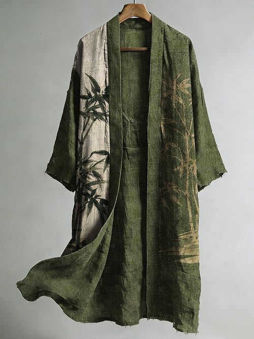 Men's Vintage Bamboo Japanese Art Print Linen Long Kimono
