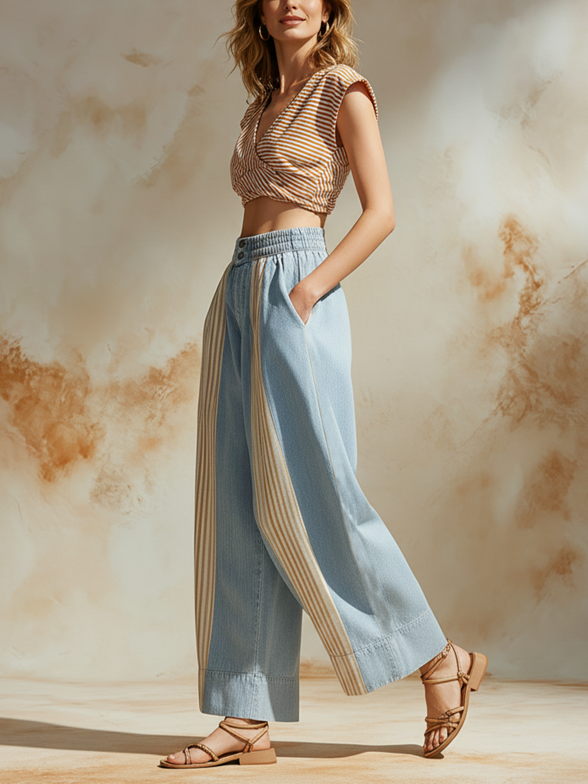 Striped Patchwork Denim Wide-Leg Pants with Pockets
