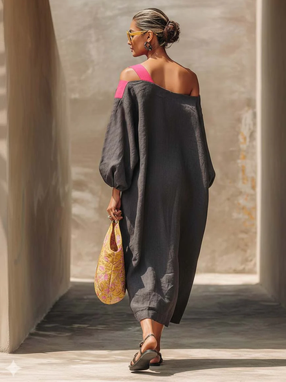 Casual Off-the-Shoulder Colorblock Loose Cotton Dress