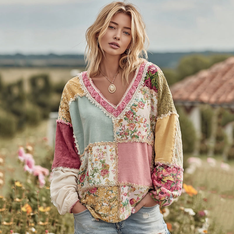 Vintage Floral Patchwork Art Cozy Warm Sweatshirt