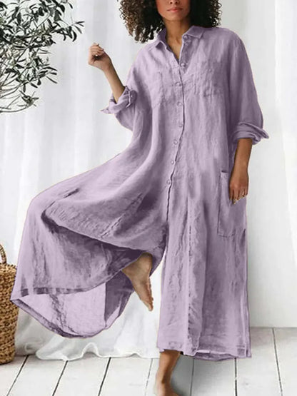Solid Color Art Casual Long-Sleeve Cotton Linen Jumpsuit