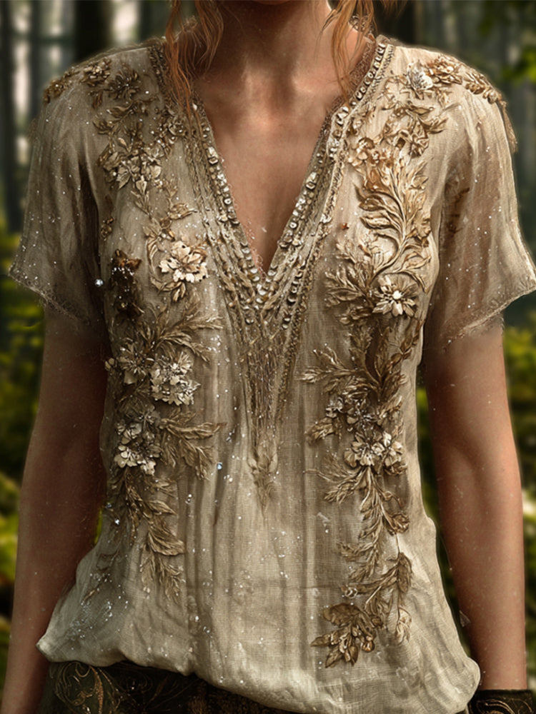 Bohemian Style Golden Sequin Flower Glowing Vintage V-Neck Short-Sleeved Shirt