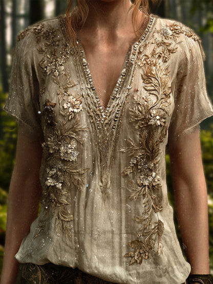Bohemian Style Golden Sequin Flower Glowing Vintage V-Neck Short-Sleeved Shirt