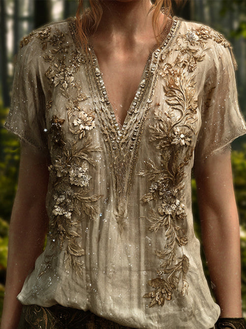 Bohemian Style Golden Sequin Flower Glowing Vintage V-Neck Short-Sleeved Shirt